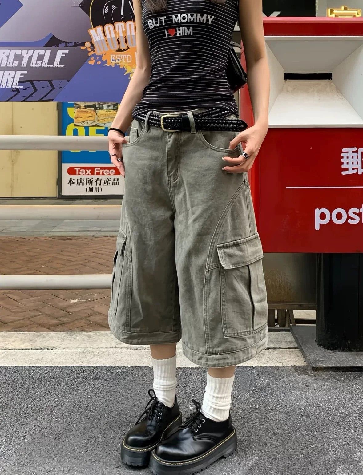 American Retro Loose Fit Baggy Cargo Capri Denim Jeans - Unisex Summer Wide Leg Washed Cropped Pants