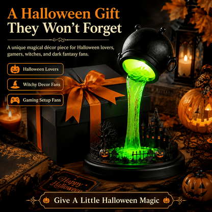 🧙‍♀️Spilling Green Witch Cauldron Desk Lamp | Floating Magic Potion Ambient Light with Miniature Gothic Castle & Glowing Pumpkins (10")