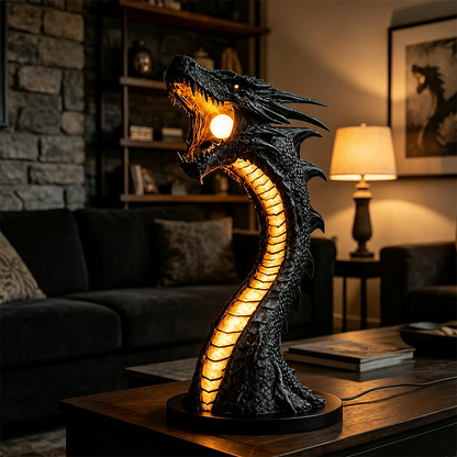 Dark Fantasy Dragon Flame Desk Lamp – Ambient Glowing Dragon Sculpture Light