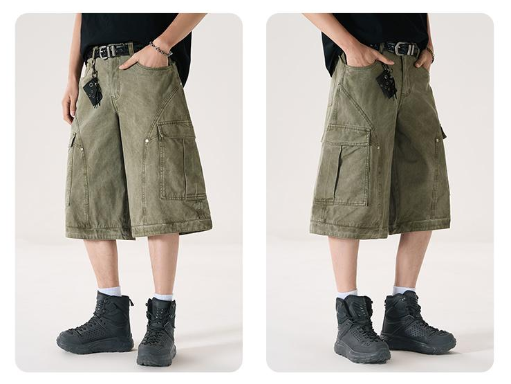 American Retro Loose Fit Baggy Cargo Capri Denim Jeans - Unisex Summer Wide Leg Washed Cropped Pants