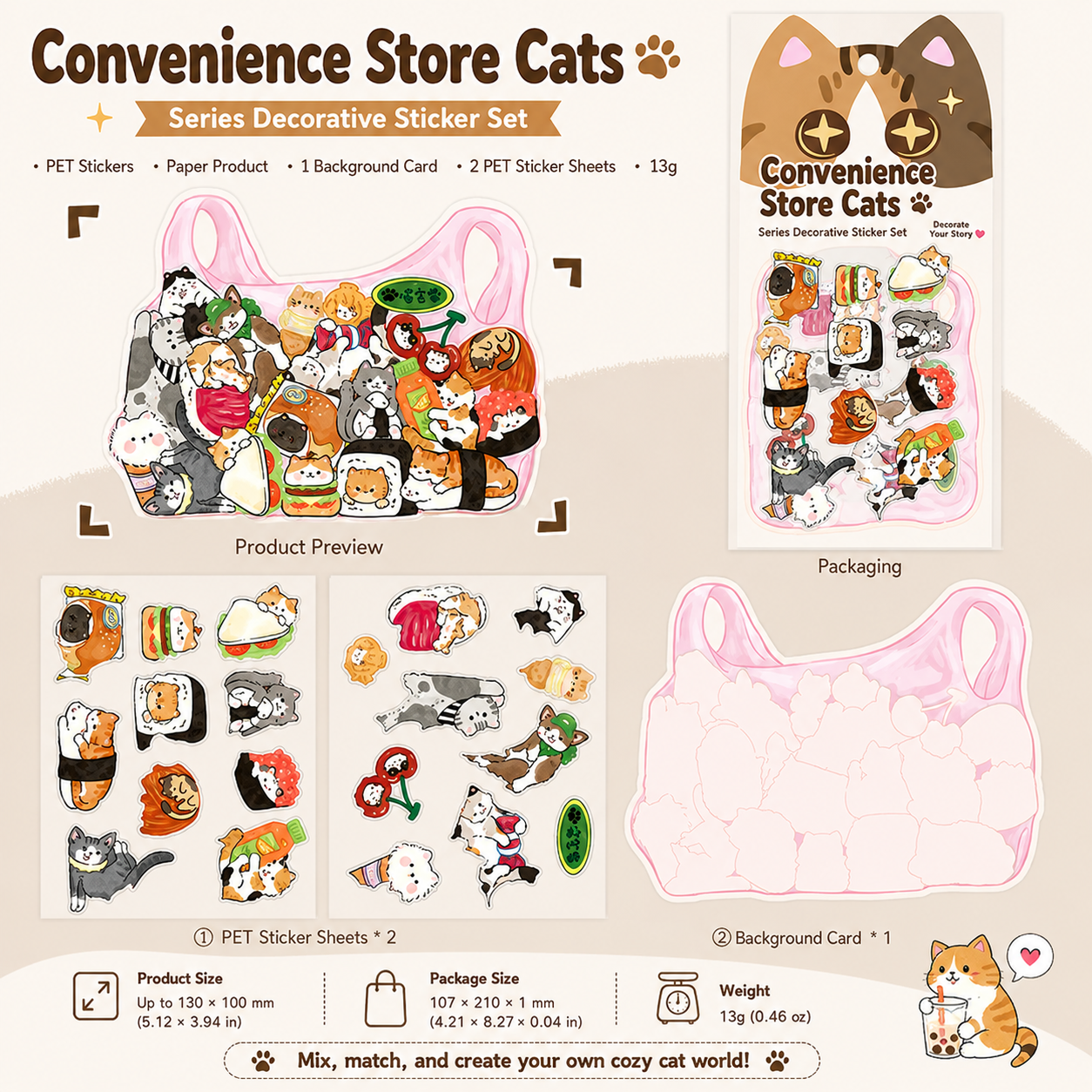 🐱 Cat Can Head Cute Cat PET Sticker Set, Kawaii Puzzle Decorative Stickers for Journal &amp; Scrapbook
