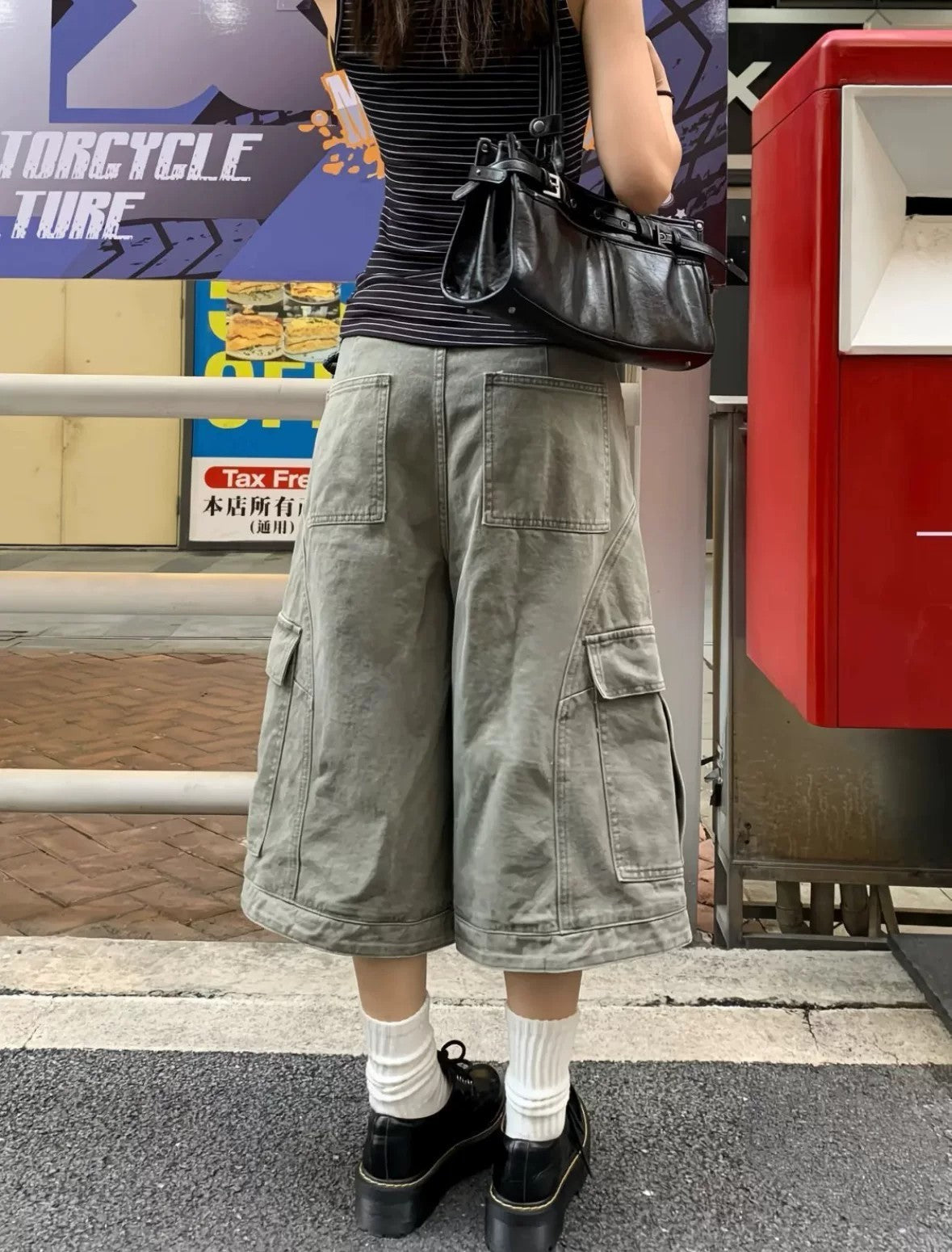 American Retro Loose Fit Baggy Cargo Capri Denim Jeans - Unisex Summer Wide Leg Washed Cropped Pants