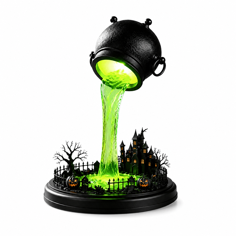 🧙‍♀️Spilling Green Witch Cauldron Desk Lamp | Floating Magic Potion Ambient Light with Miniature Gothic Castle & Glowing Pumpkins (10")