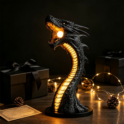 Dark Fantasy Dragon Flame Desk Lamp – Ambient Glowing Dragon Sculpture Light