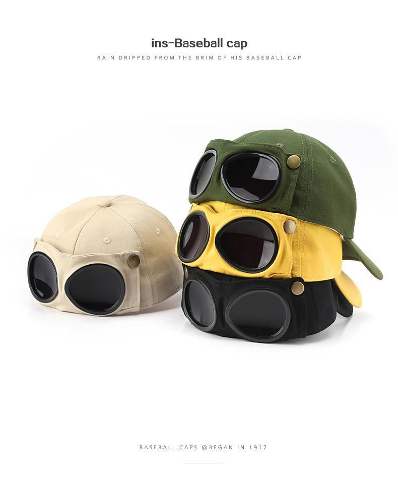 🧢 Pilot-Inspired Baseball Cap with Built-In Sunglasses – Novelty Goggle Sun Hat for Fishing, Boating & Outdoor Fun 🕶️✨