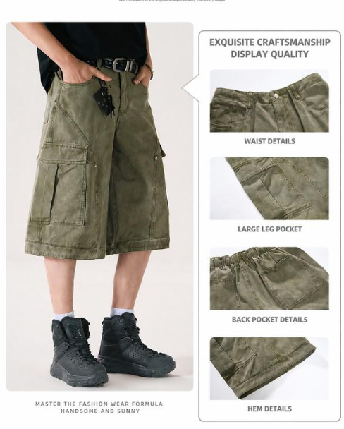 American Retro Loose Fit Baggy Cargo Capri Denim Jeans - Unisex Summer Wide Leg Washed Cropped Pants
