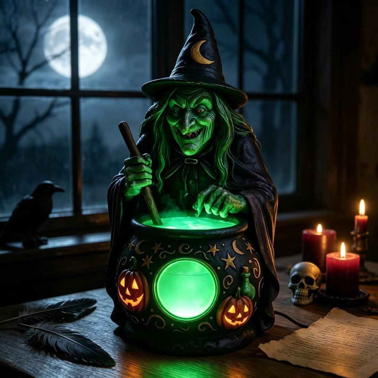 🎃 3D Resin Wicked Witch Cauldron LED Lamp: Spooky Glowing Magic Potion Pot ✨