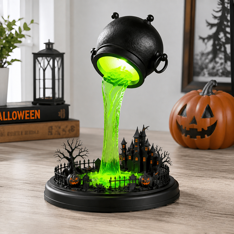 🧙‍♀️Spilling Green Witch Cauldron Desk Lamp | Floating Magic Potion Ambient Light with Miniature Gothic Castle & Glowing Pumpkins (10")