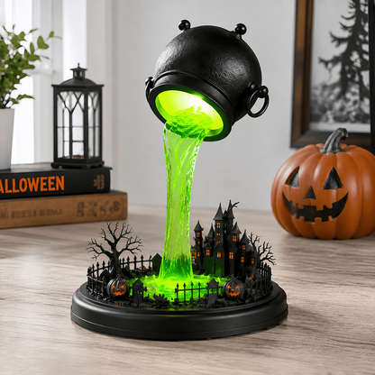 🧙‍♀️Spilling Green Witch Cauldron Desk Lamp | Floating Magic Potion Ambient Light with Miniature Gothic Castle & Glowing Pumpkins (10")