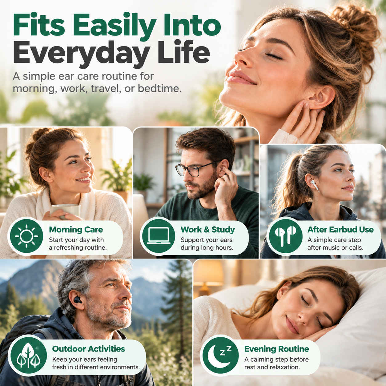 Ear care product lifestyle image with morning, work, outdoor and evening scenes