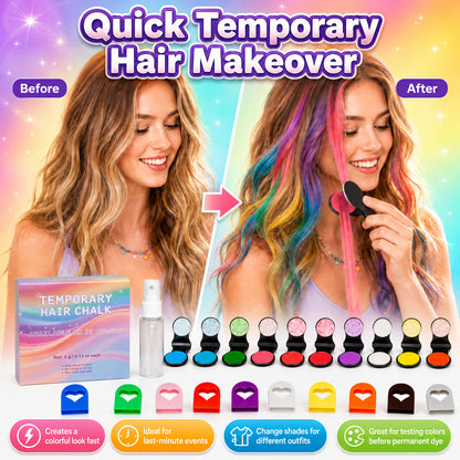 🌈 12-Color Washable Hair Chalk Styling Applicator Set | Vibrant Buildable Shades in Easy Clamp-On Applicators for Highlights, Streaks & Costume Looks ✨
