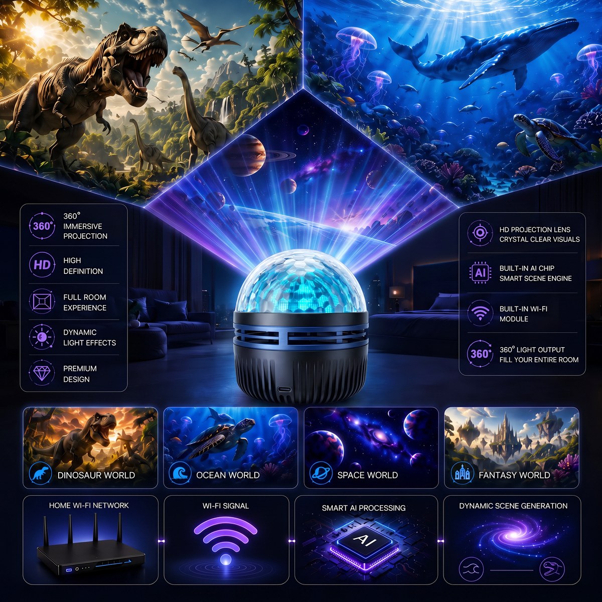 🎁🎀360° Smart Holographic Starry Sky Projector (HD Smart Dynamic 5D）🎁