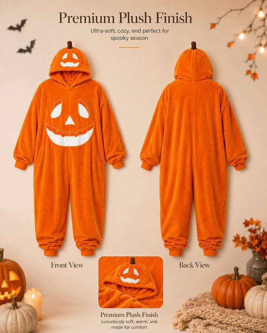 🎃 Unisex Pumpkin Halloween Onesie – Soft Plush Jumpsuit Pajamas with Hood & Pockets