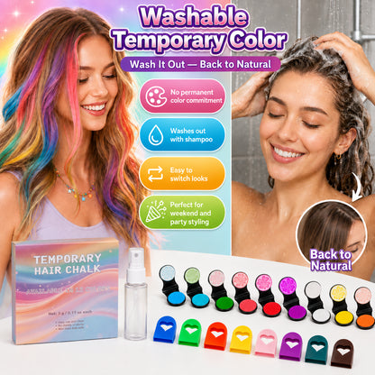 🌈 12-Color Washable Hair Chalk Styling Applicator Set | Vibrant Buildable Shades in Easy Clamp-On Applicators for Highlights, Streaks & Costume Looks ✨