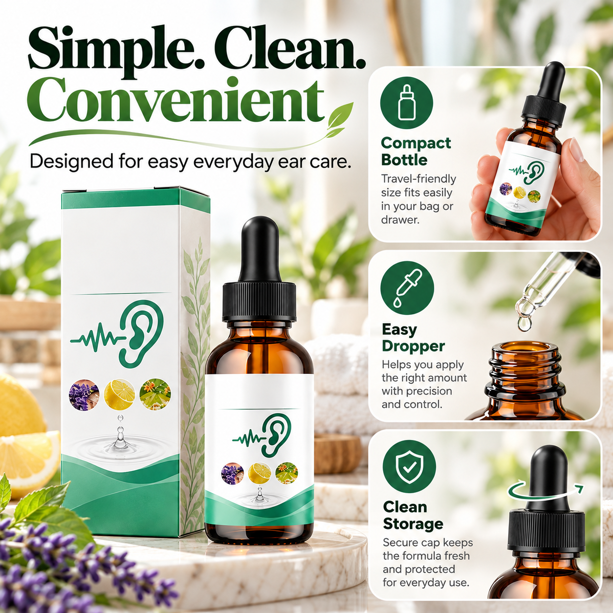 Ear care drops showing the bottle, dropper and screw cap