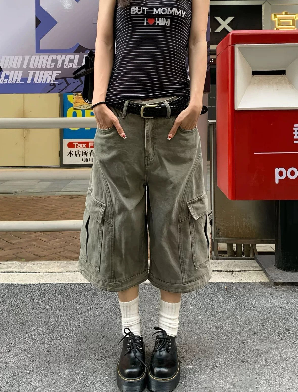 American Retro Loose Fit Baggy Cargo Capri Denim Jeans - Unisex Summer Wide Leg Washed Cropped Pants