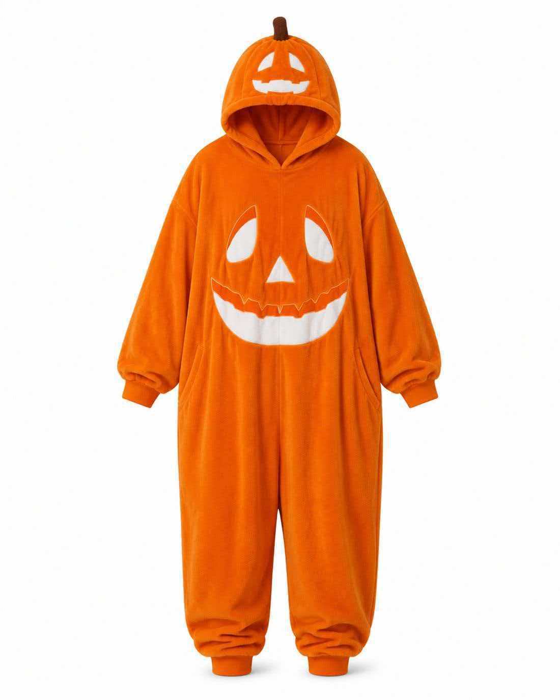 🎃 Unisex Pumpkin Halloween Onesie – Soft Plush Jumpsuit Pajamas with Hood & Pockets