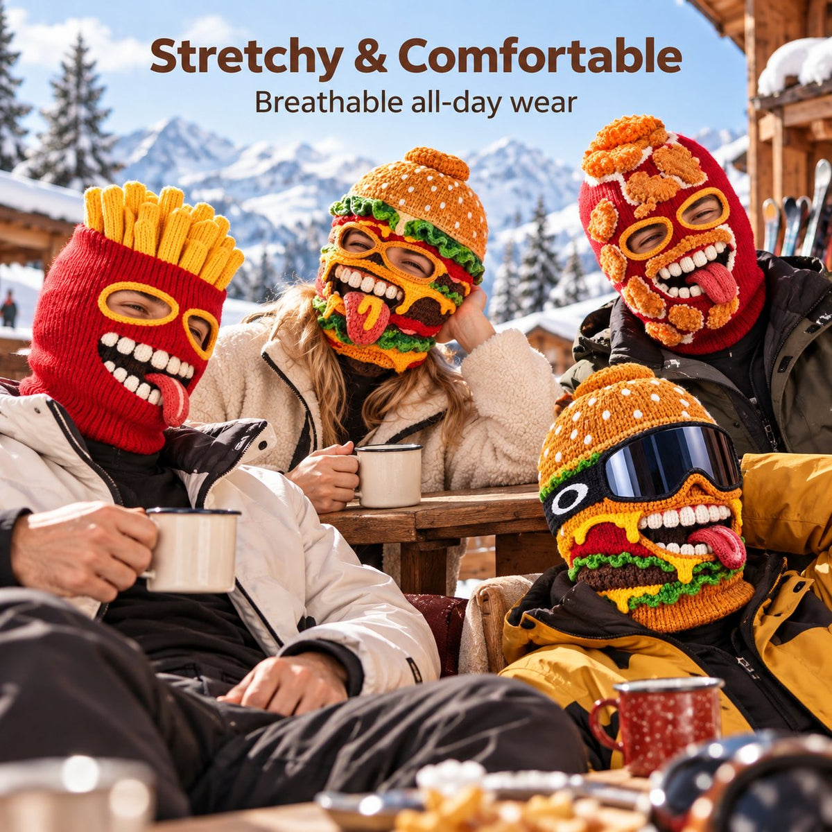 Novelty Food Print Knit Face Cover, Cozy Winter Headgear for Snow Sports & Costume Events
