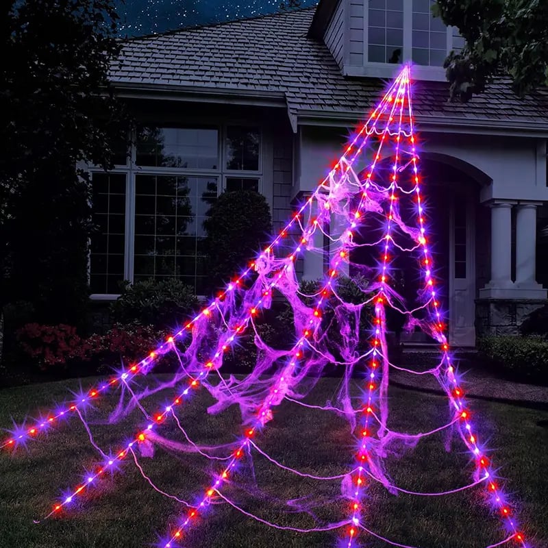 🔥Light-Up Halloween Spider Web Decor with Timer – Waterproof Purple & Orange LED Spooky Lights for Lawn & Outdoor Party