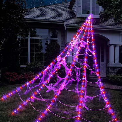 🔥Light-Up Halloween Spider Web Decor with Timer – Waterproof Purple & Orange LED Spooky Lights for Lawn & Outdoor Party
