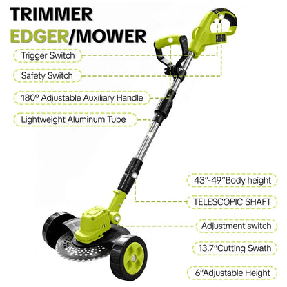 3-in-1 Cordless Lawn Mower with 2×21V Batteries, German Quality Lightweight Grass Trimmer & Edger