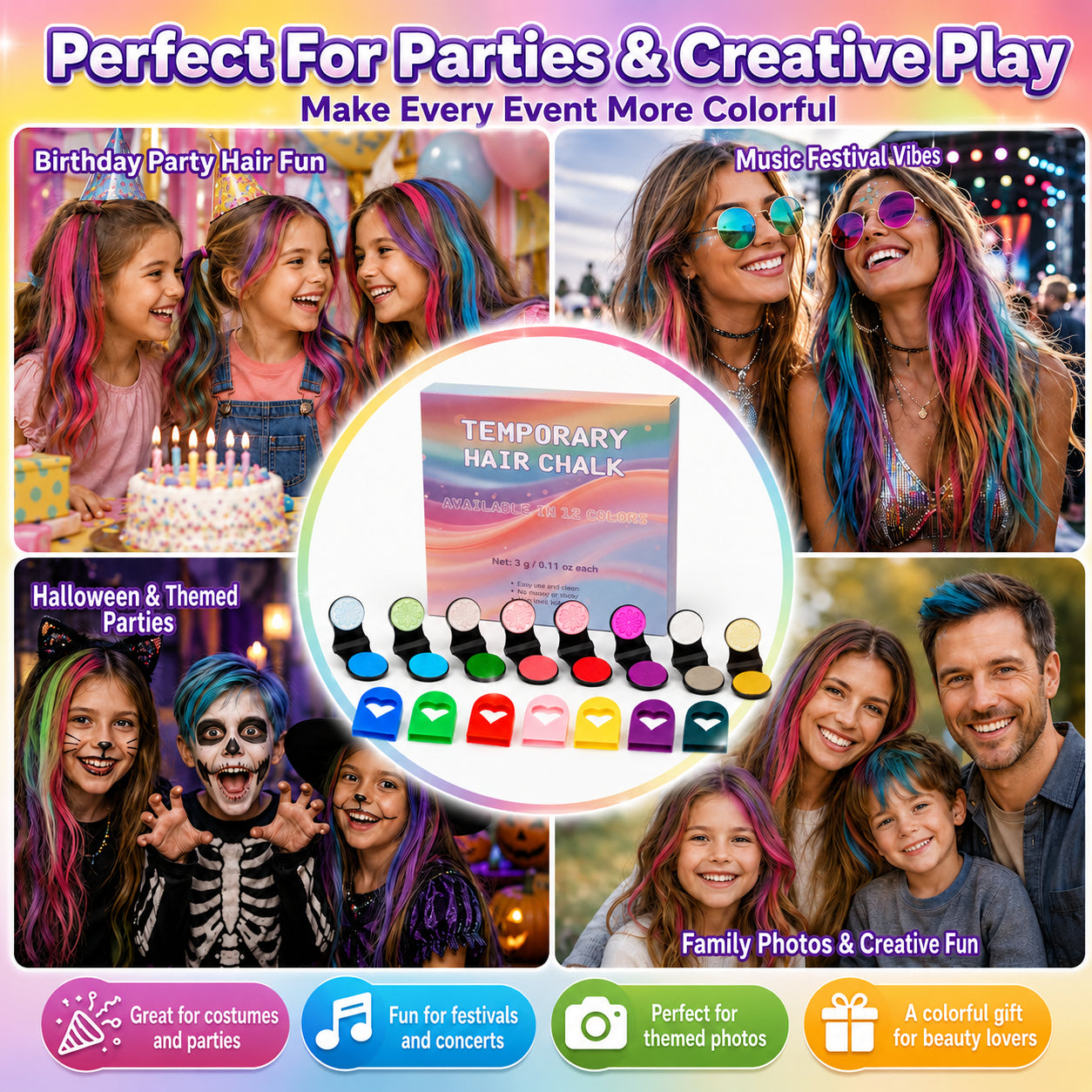 🌈 12-Color Washable Hair Chalk Styling Applicator Set | Vibrant Buildable Shades in Easy Clamp-On Applicators for Highlights, Streaks & Costume Looks ✨
