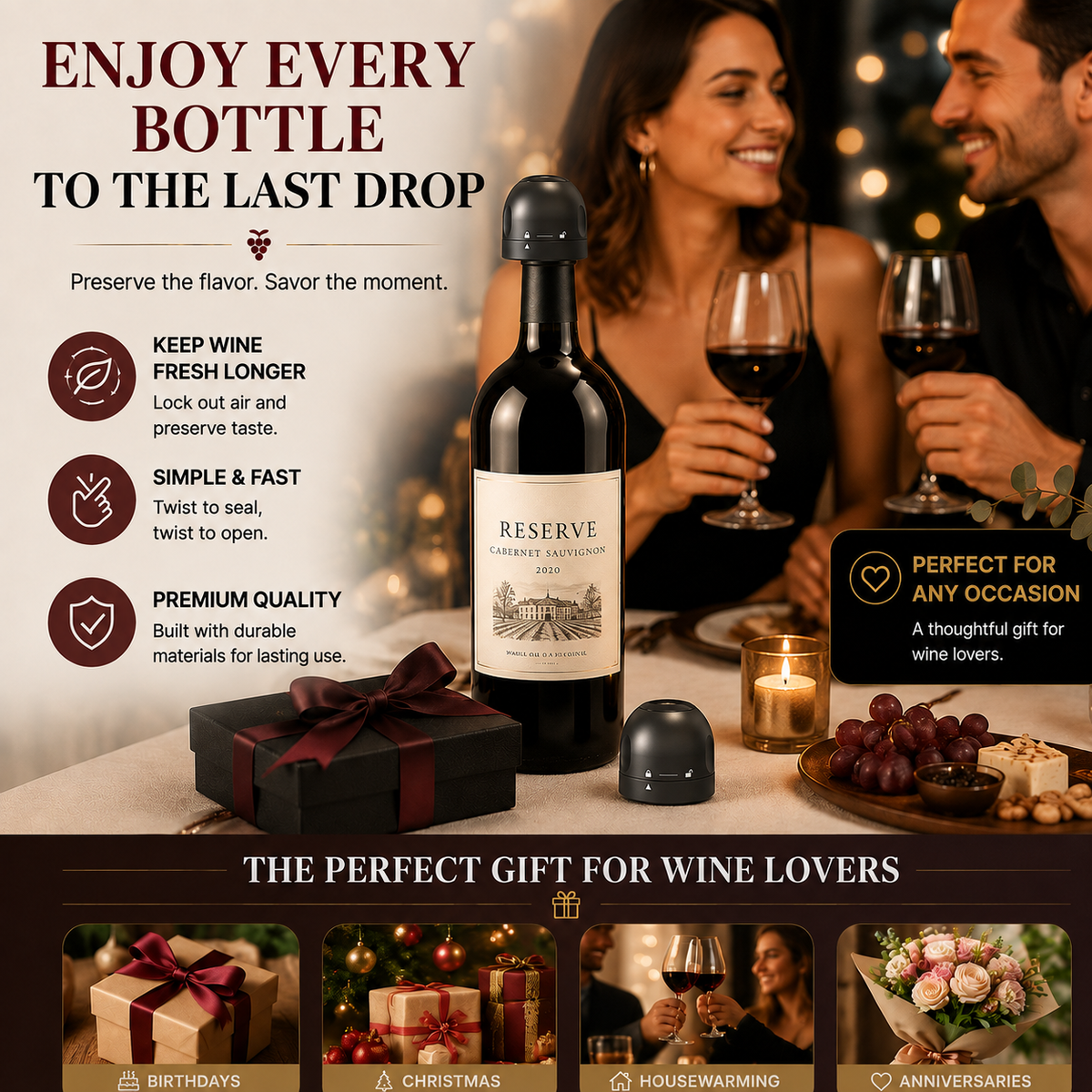 🎁 EVERYDAY WINE ESSENTIAL | Compact Reusable Bottle Stopper for Dinner, Date Night & Entertaining
