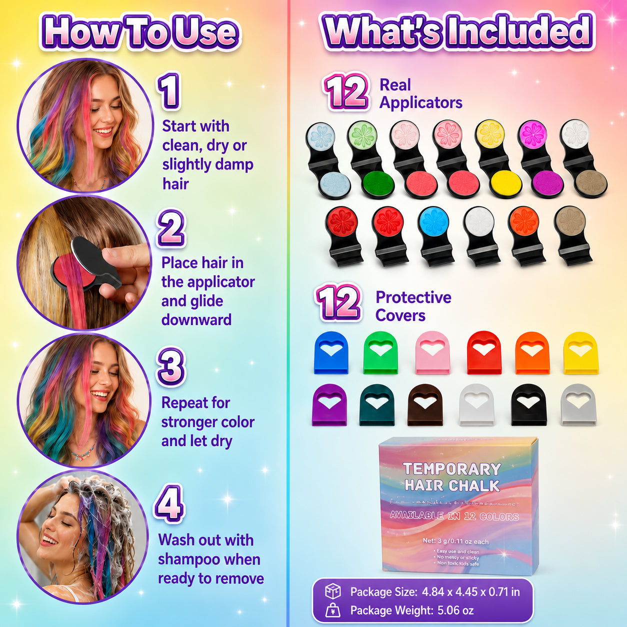 🌈 12-Color Washable Hair Chalk Styling Applicator Set | Vibrant Buildable Shades in Easy Clamp-On Applicators for Highlights, Streaks & Costume Looks ✨