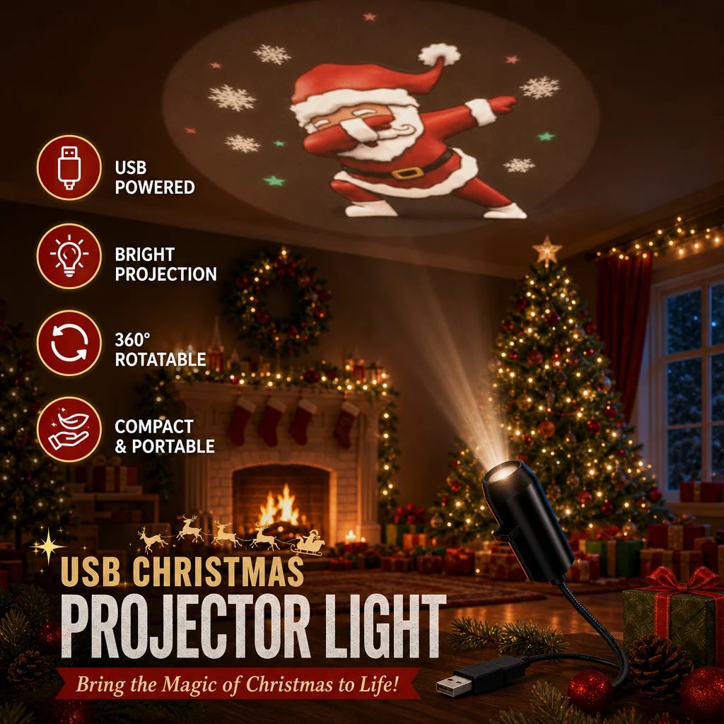 Santa scene projected above a Christmas fireplace