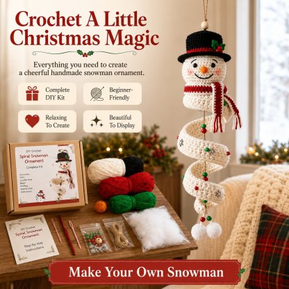 ☃️ Crochet Snowman Spiral Ornament DIY Kit | Complete Beginner-Friendly Set with Soft Yarn, Crochet Hook, Festive Beads, Snowflakes & Step-by-Step Guide 🧶🎄✨