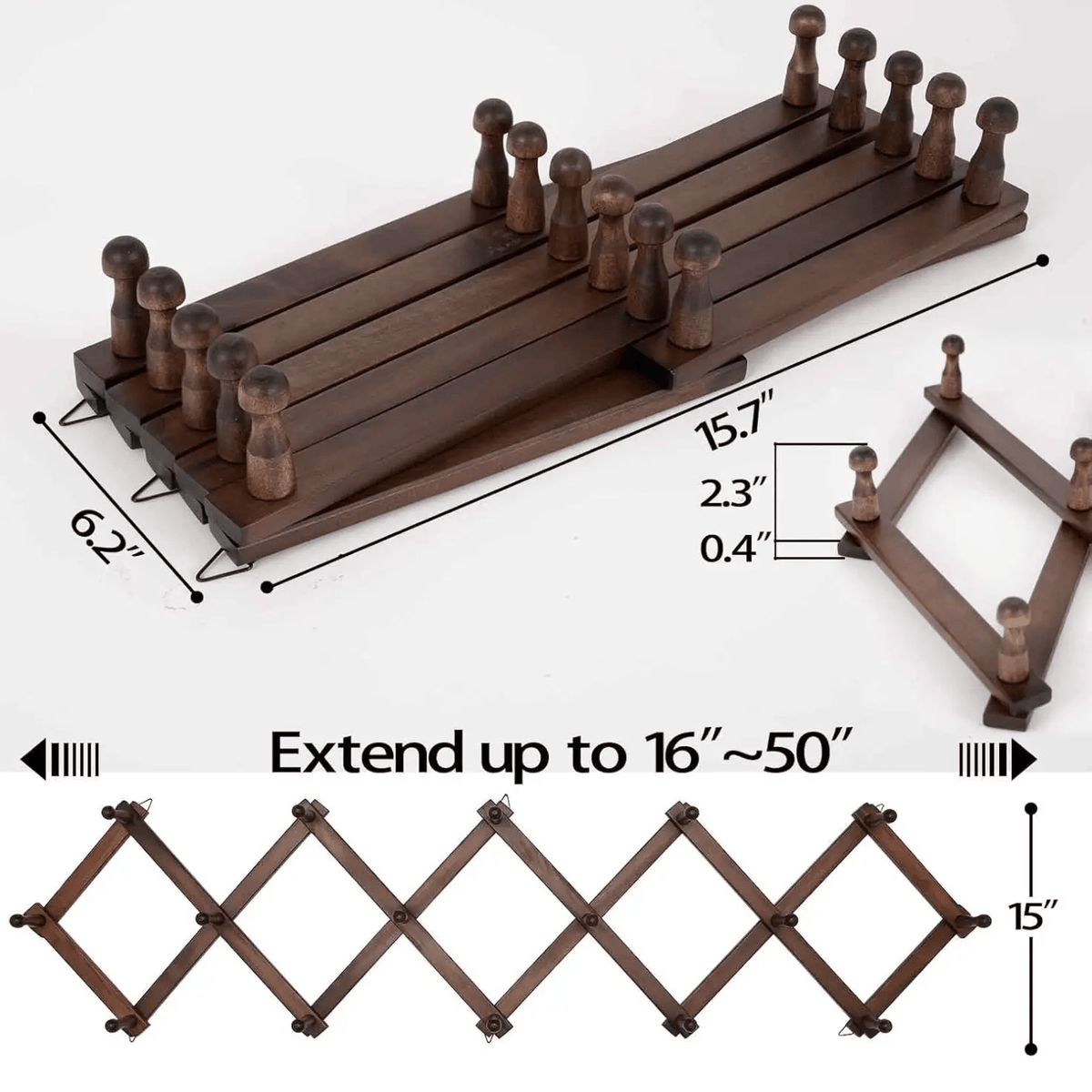 Accordion Peg Rack | 16 Hooks Expandable Wall Rack for Hats, Coat, Tools | Multi-Purpose Wooden Organizer Holds/Hangers Caps, Bag & Hoodies | Space Saving Room/Garage/Entryway Storage Solution (Brown)