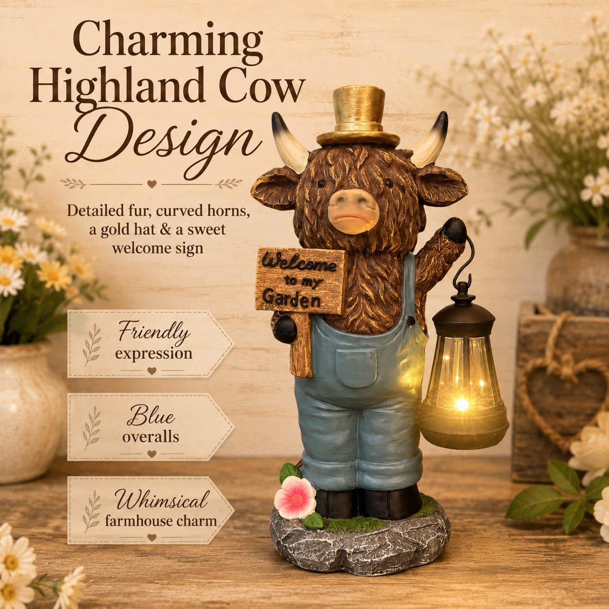 🐮Handcrafted Highland Cow Solar Garden Lantern Statue