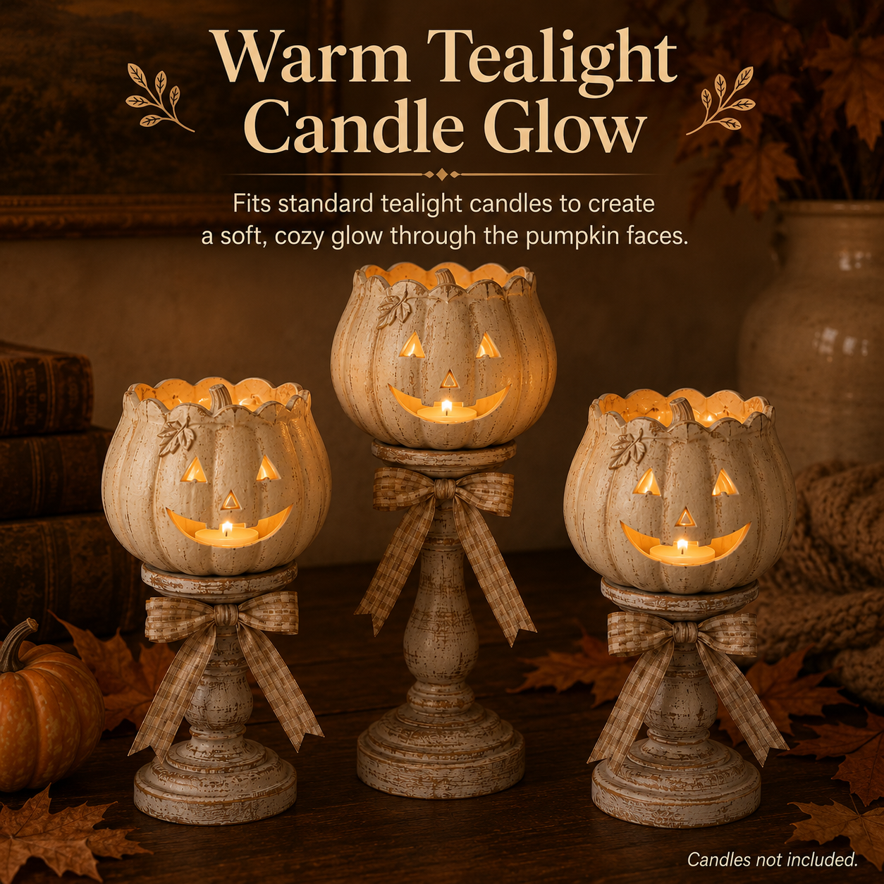 Harvest Glow White Pumpkin Pedestal Tealight Holders – Set of 3