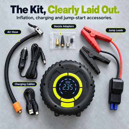 🚗 Car Jump Starter Tire Inflator, Portable Emergency Air Compressor with SOS Light & Power Bank
