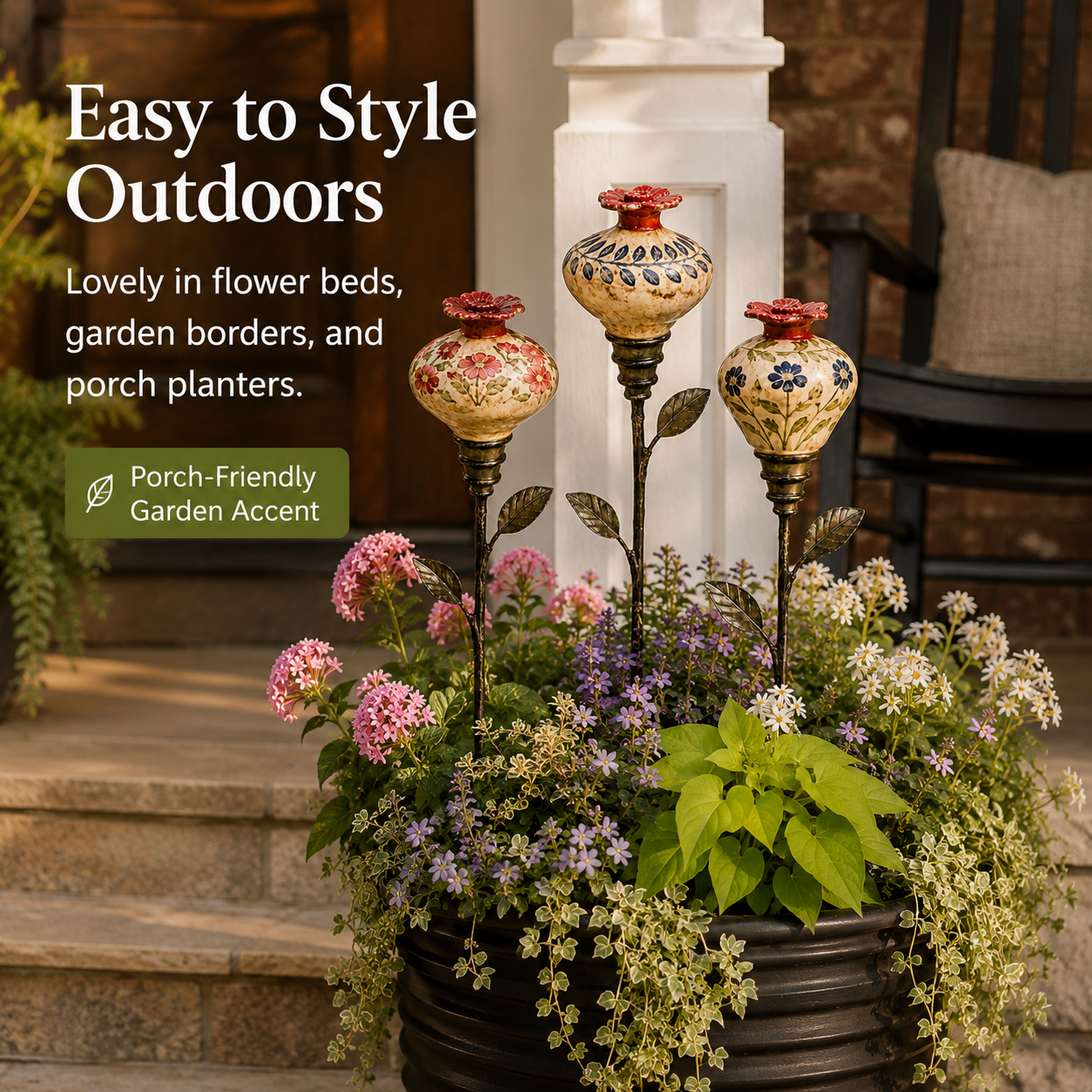 Ceramic hummingbird feeder stakes styled in porch planters