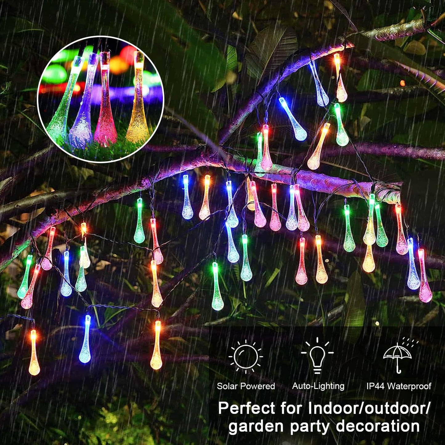 Multi-Color Solar Garden String Lights | Auto On/Off IP44 Waterproof for Patio & Party Decor