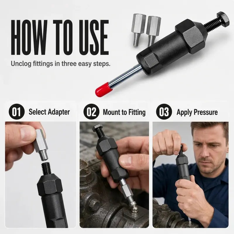 🔧Heavy-Duty Grease Fitting Cleaner – 600 PSI High-Pressure Grease Gun Unclogging Tool with M6/M8/M10 Adapters