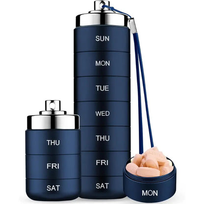 7-Day Stackable Metal Pill Organizer – Waterproof Travel Pill Case with Twist-Lock Compartments & Engraved Day Labels