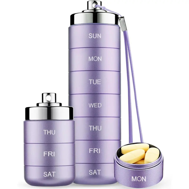 7-Day Stackable Metal Pill Organizer – Waterproof Travel Pill Case with Twist-Lock Compartments & Engraved Day Labels