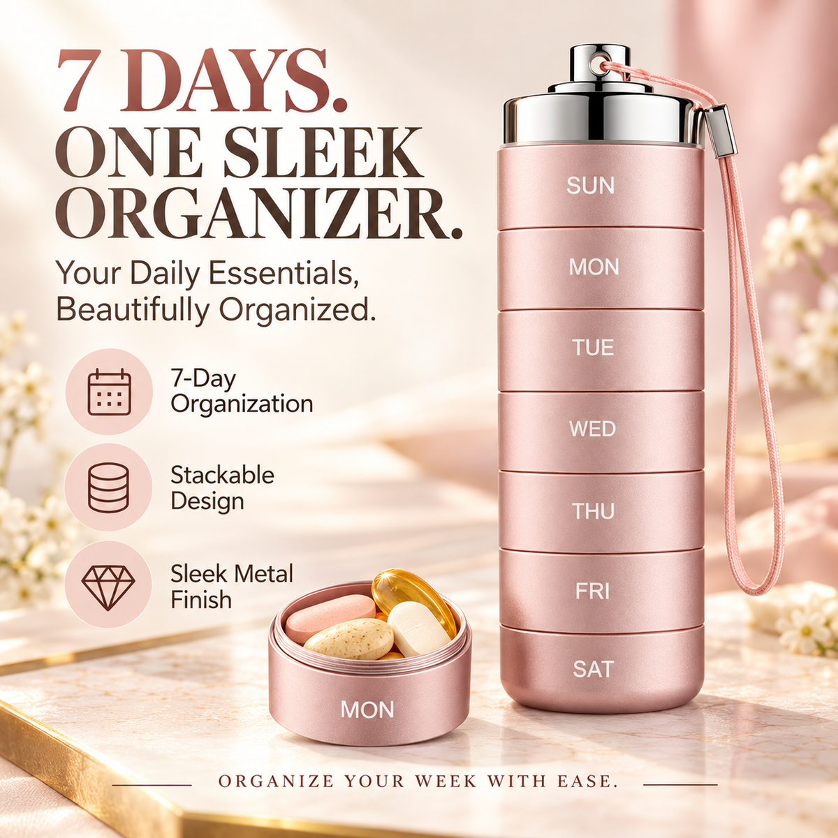 7-Day Stackable Metal Pill Organizer – Waterproof Travel Pill Case with Twist-Lock Compartments & Engraved Day Labels