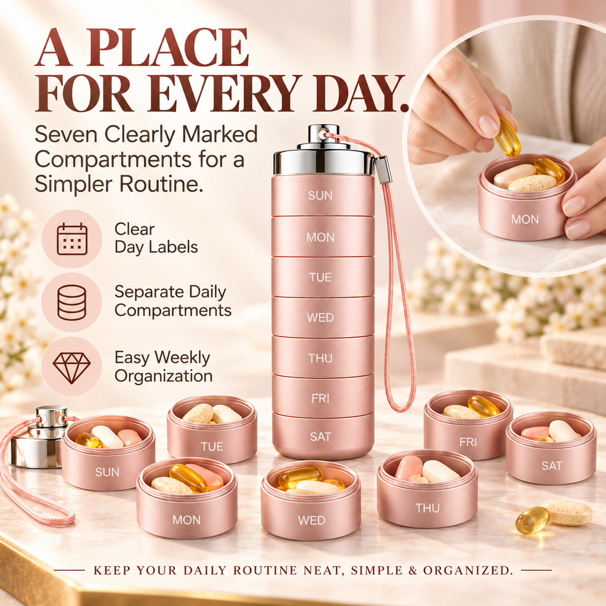 7-Day Stackable Metal Pill Organizer – Waterproof Travel Pill Case with Twist-Lock Compartments & Engraved Day Labels