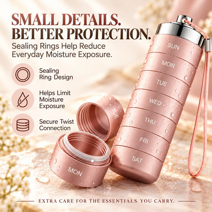 7-Day Stackable Metal Pill Organizer – Waterproof Travel Pill Case with Twist-Lock Compartments & Engraved Day Labels