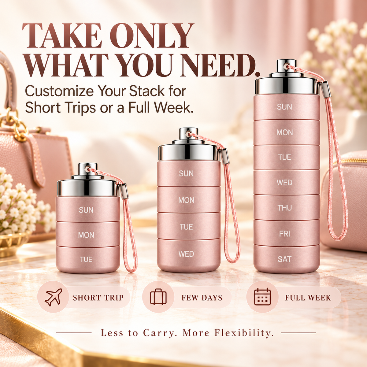 7-Day Stackable Metal Pill Organizer – Waterproof Travel Pill Case with Twist-Lock Compartments & Engraved Day Labels