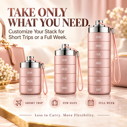 7-Day Stackable Metal Pill Organizer – Waterproof Travel Pill Case with Twist-Lock Compartments & Engraved Day Labels