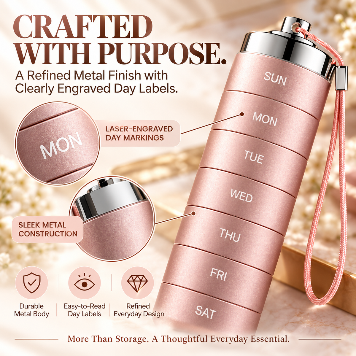 7-Day Stackable Metal Pill Organizer – Waterproof Travel Pill Case with Twist-Lock Compartments & Engraved Day Labels
