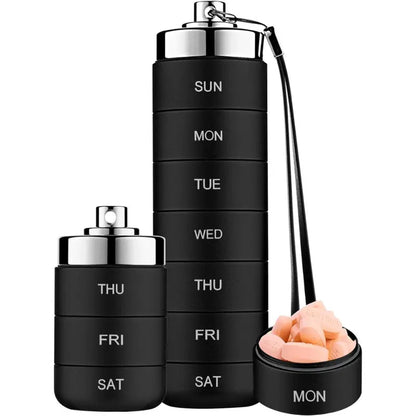 7-Day Stackable Metal Pill Organizer – Waterproof Travel Pill Case with Twist-Lock Compartments & Engraved Day Labels