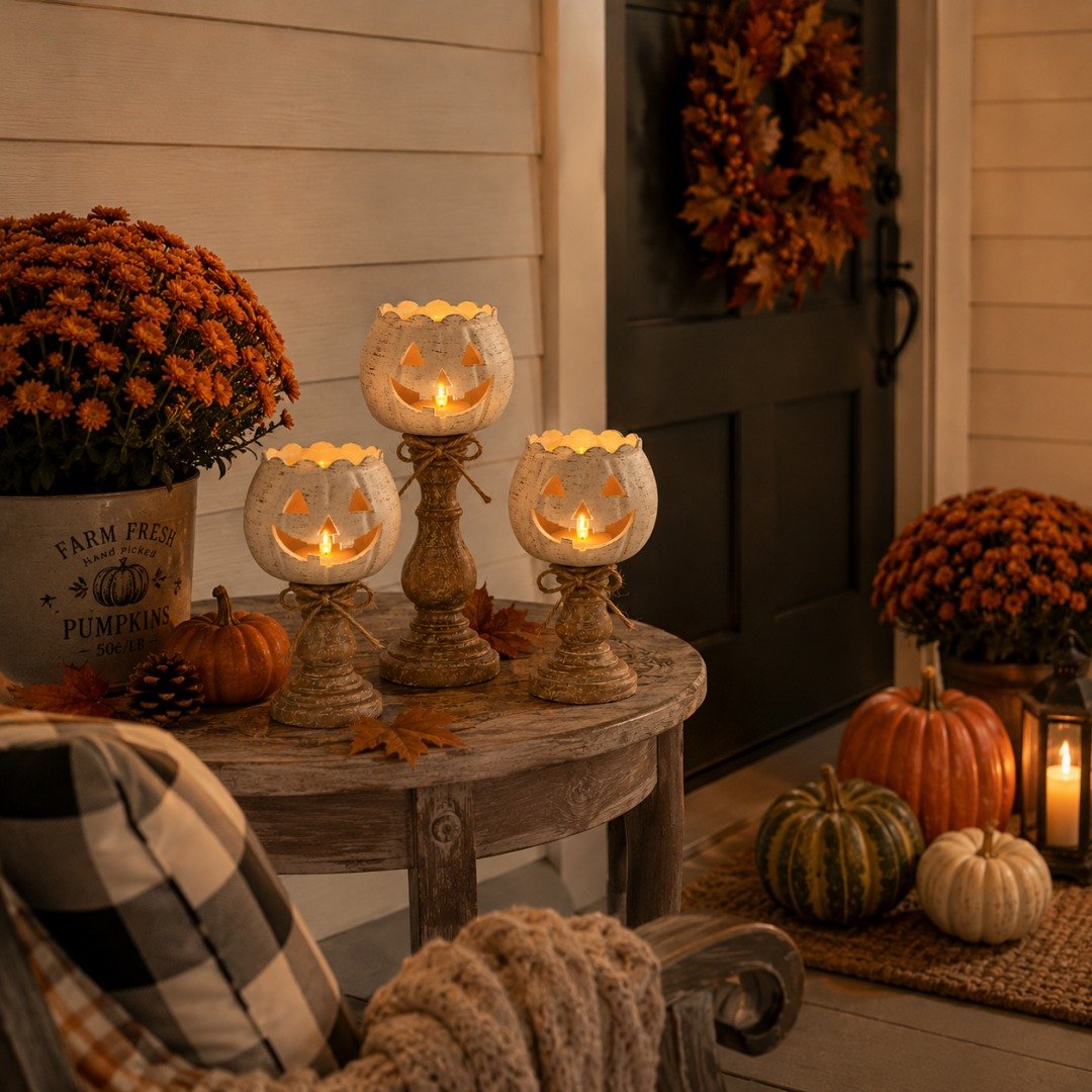 ✨Rustic White Pumpkin Tealight Candle Holder Set of 3