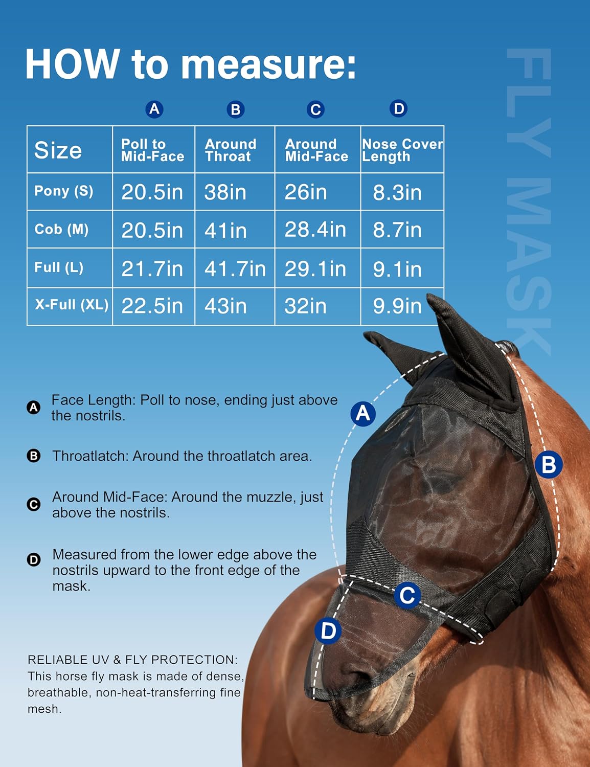 Horse Fly Mask with Nose Cover, UV-Protective Fly Mask for Horses