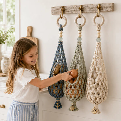 🌊 Coastal Hanging Produce Storage – Handwoven Breathable Organizer with Easy Side Access