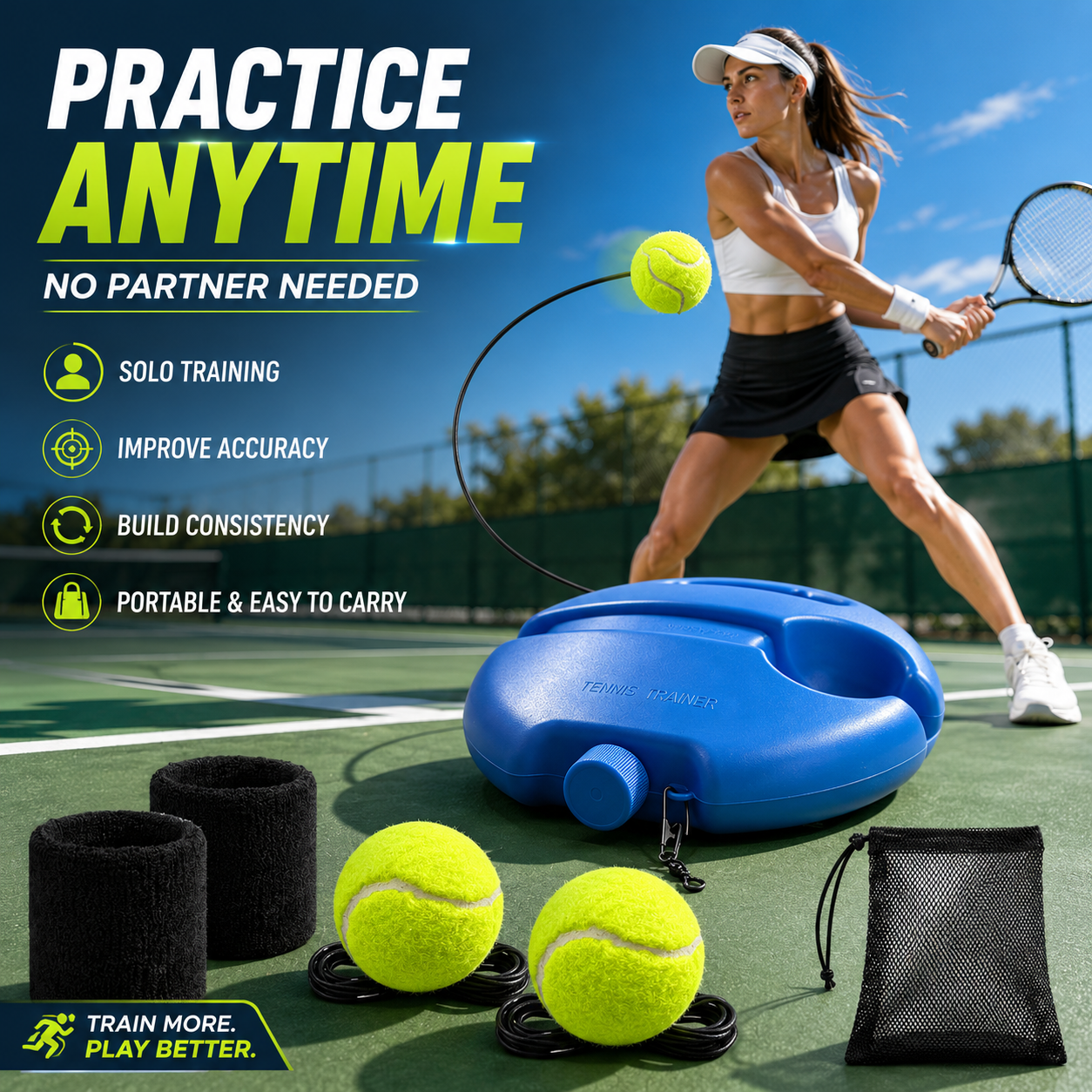 🎾 Solo Tennis Trainer Rebound Set – Practice Anytime, No Partner Needed，3 Balls